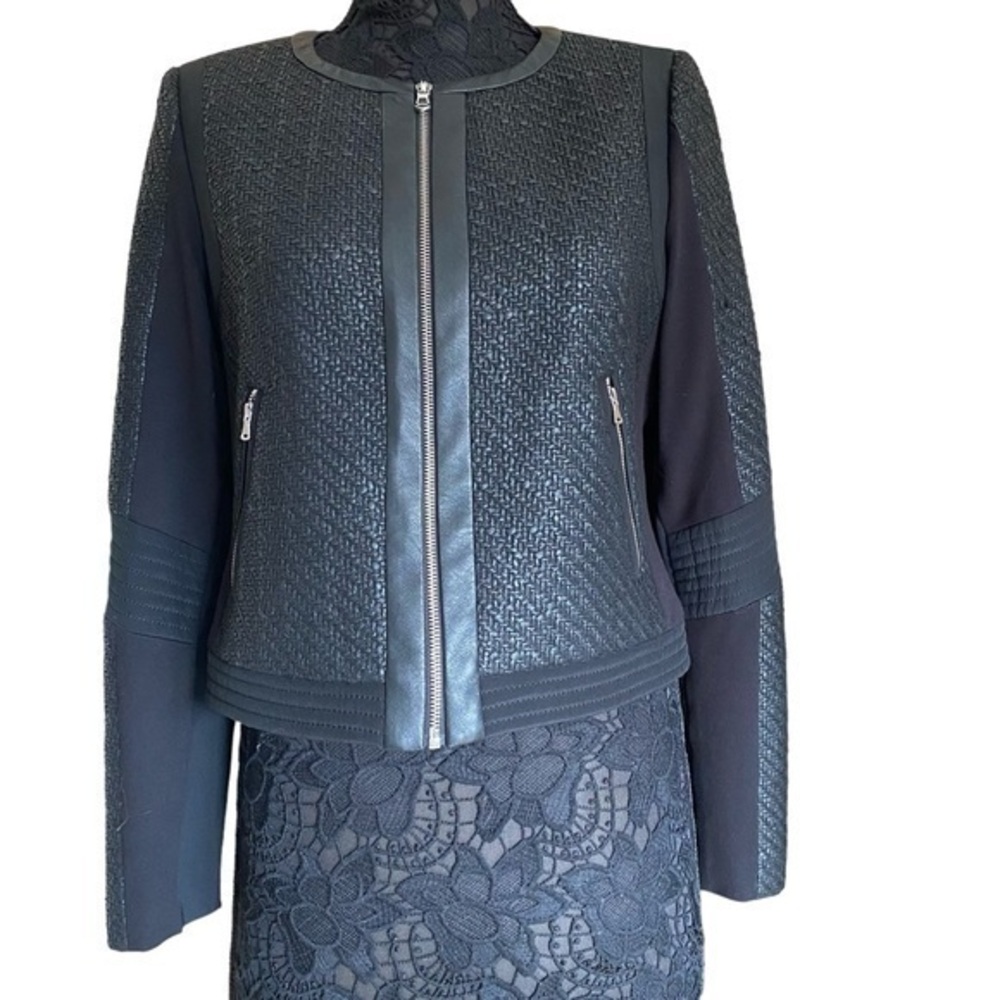 Rebecca Taylor Black Silk Cotton Leather Tweed Cropped Moto Jacket Size 12